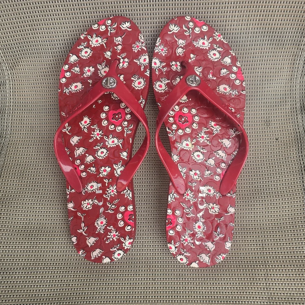 Coach Red Floral Rubber Flip Flops - Picture 2 of 7